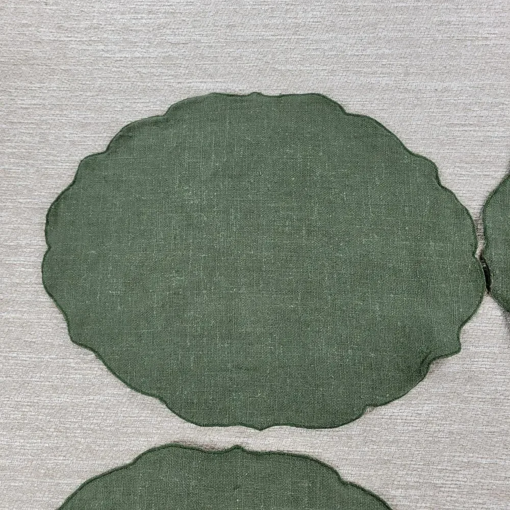 VTG Williams Sonoma Linen Placemats Sage Green Scalloped Edge Oval Set of 4